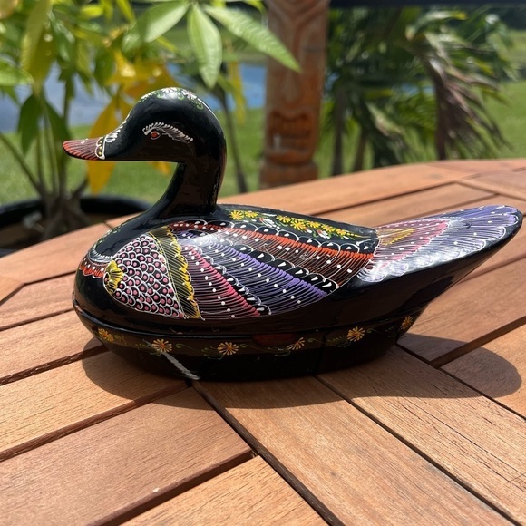 Other - Black Lacquer Wooden Duck Trinket Box Hand Painted Thailand 8.5” Bird Decor
